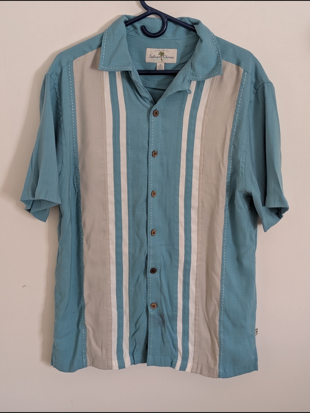 Island Shores Men's Blue Gray White Striped Woven Button-Up Short Sleeve Shirt M